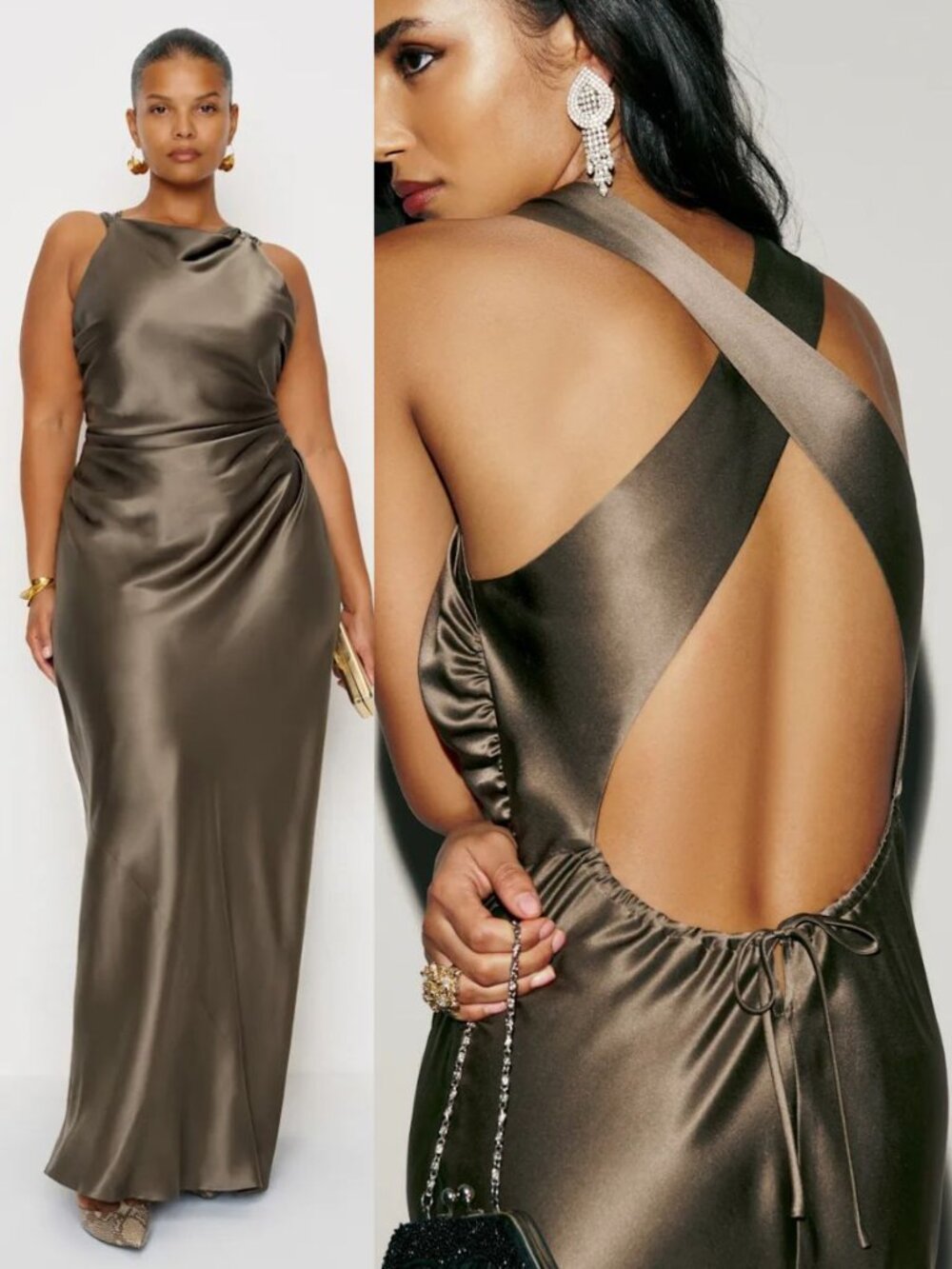 Reformation Anaiis Dress Morel Brown Silk Crisscross Open Back Maxi NWT Size 4 - Picture 9 of 10